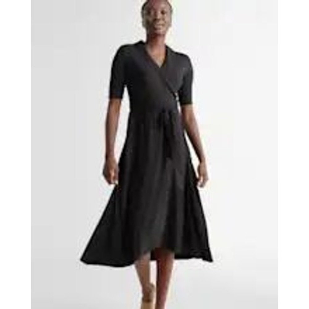 Quince Tencel Jersey Wrap‎ Midi Dress Short Sleeve Business Casual Black Large
